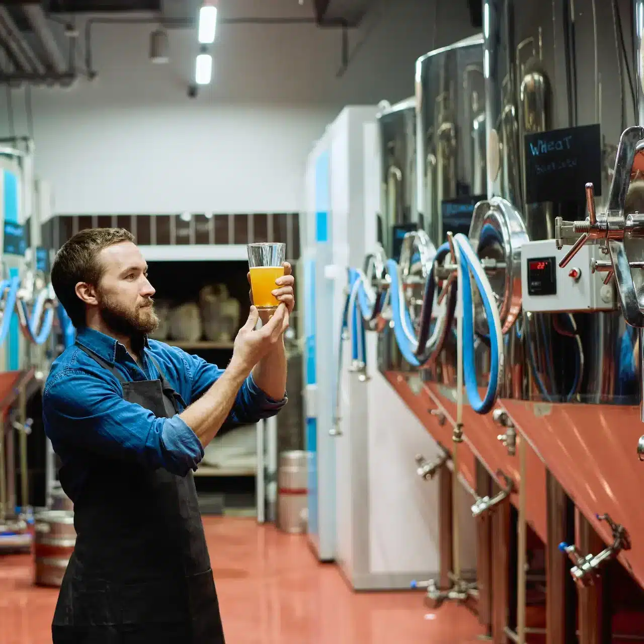 A man holds a glass of freshly brewed ale up to eye level as he inspects it after extraction from the brewing equipment what surrounds him