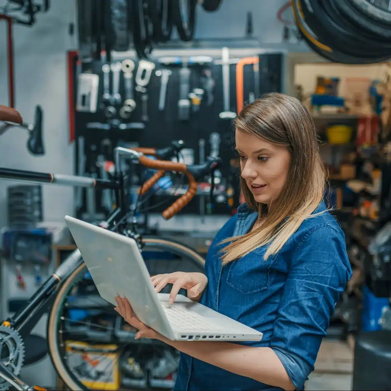 A woman using a laptop in a bicycle workshop during her work as a mechanic