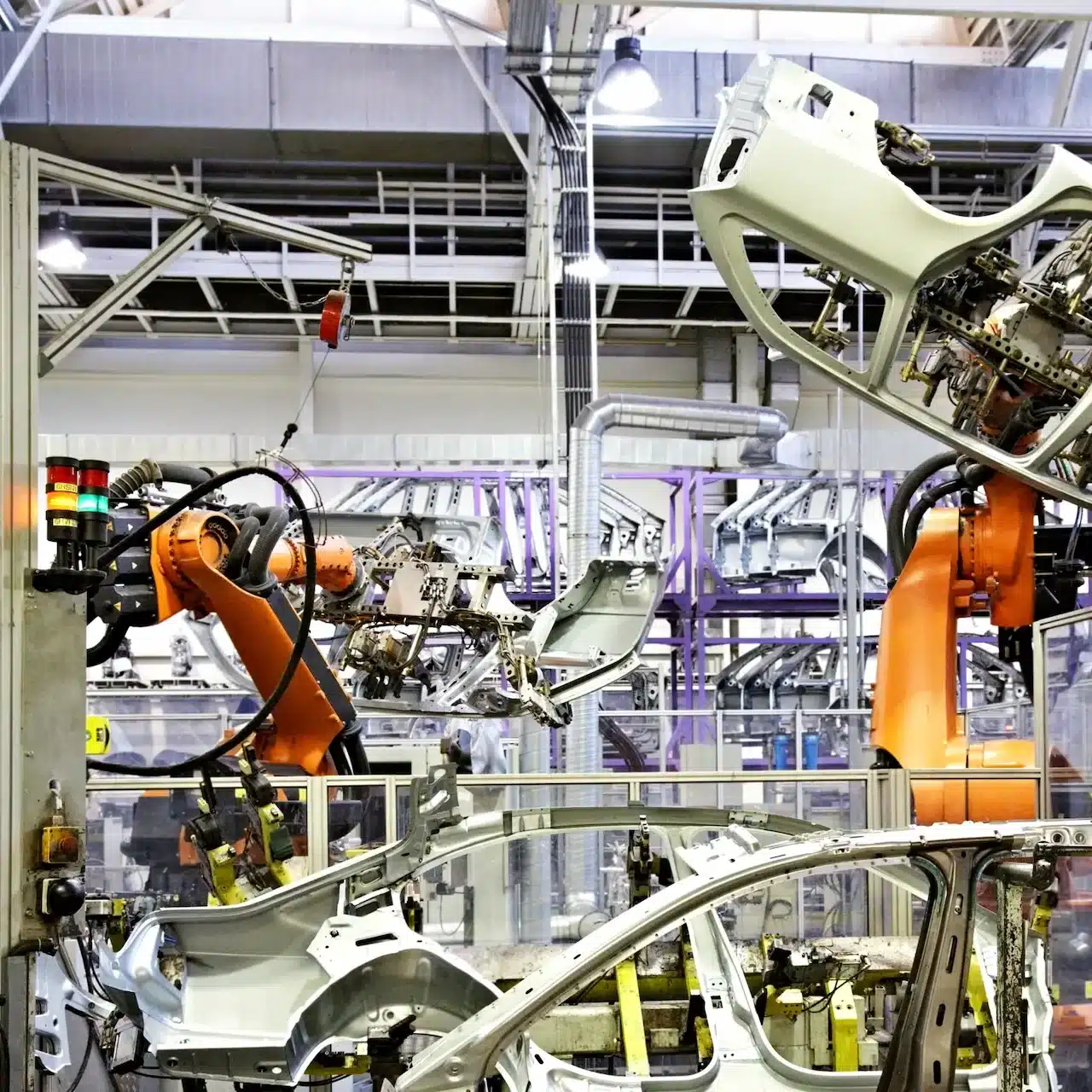 Robots manufacturing vehicles in a car production plant