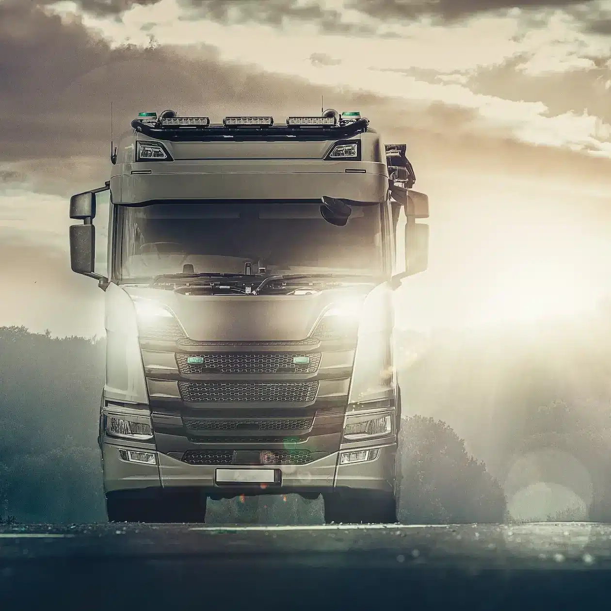 A truck parked on a misty morning facing the you with some headlights on