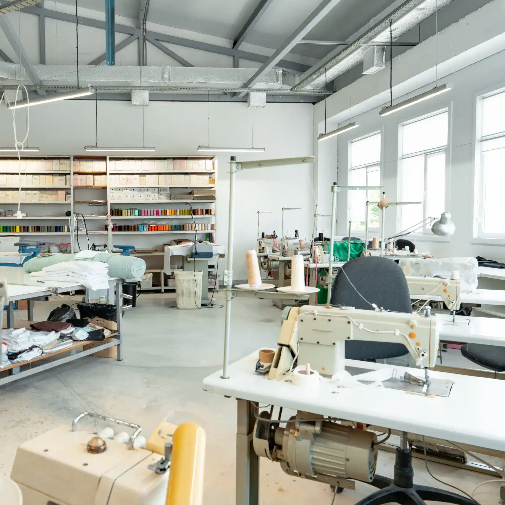Interior of a sewing warehouse with specialty equipment and machines