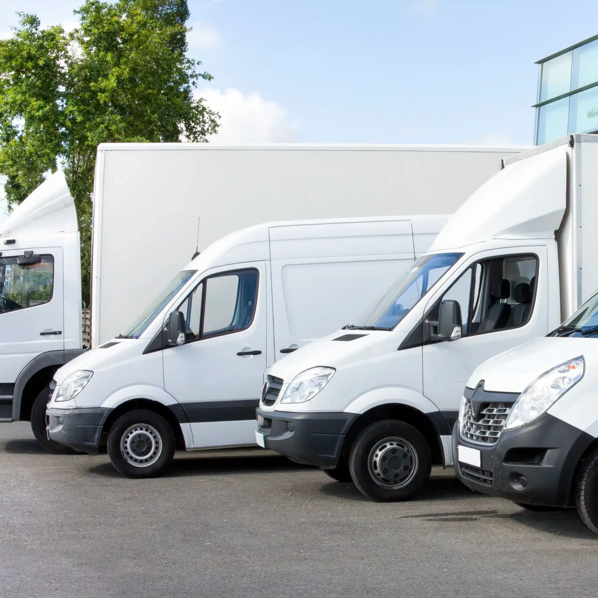 A row of vans and trucks parked at a depot before being deployed for the day.