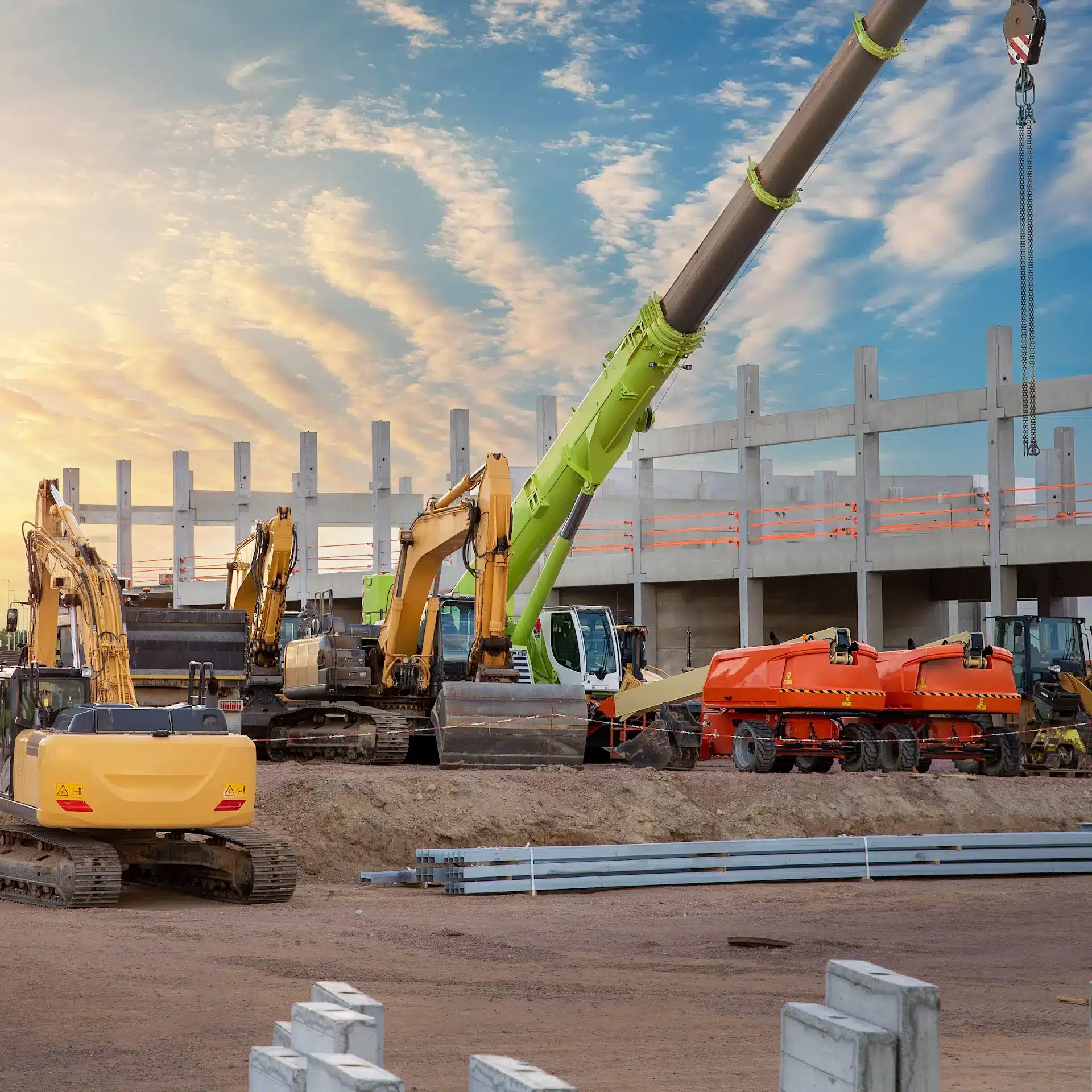 A crane and other machinery and equipment on a commercial construction site.