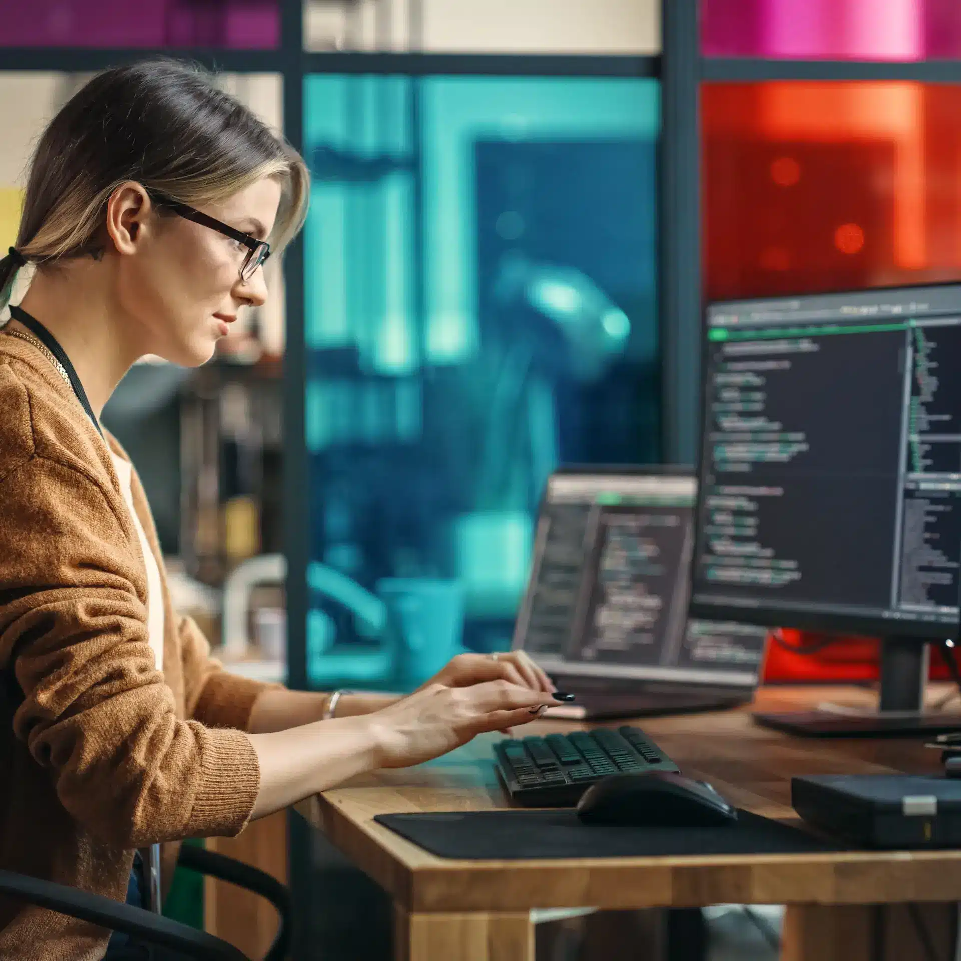 Young woman typing on her computer as she codes a project for a client in her start-up app development studio.