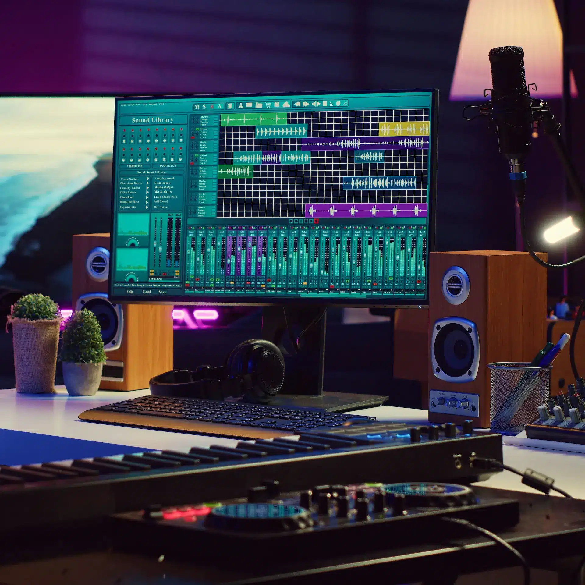 Computer based recording setup in a music studio with mixer, studio monitors, multi-track recording software, synthesizer and other equipment.