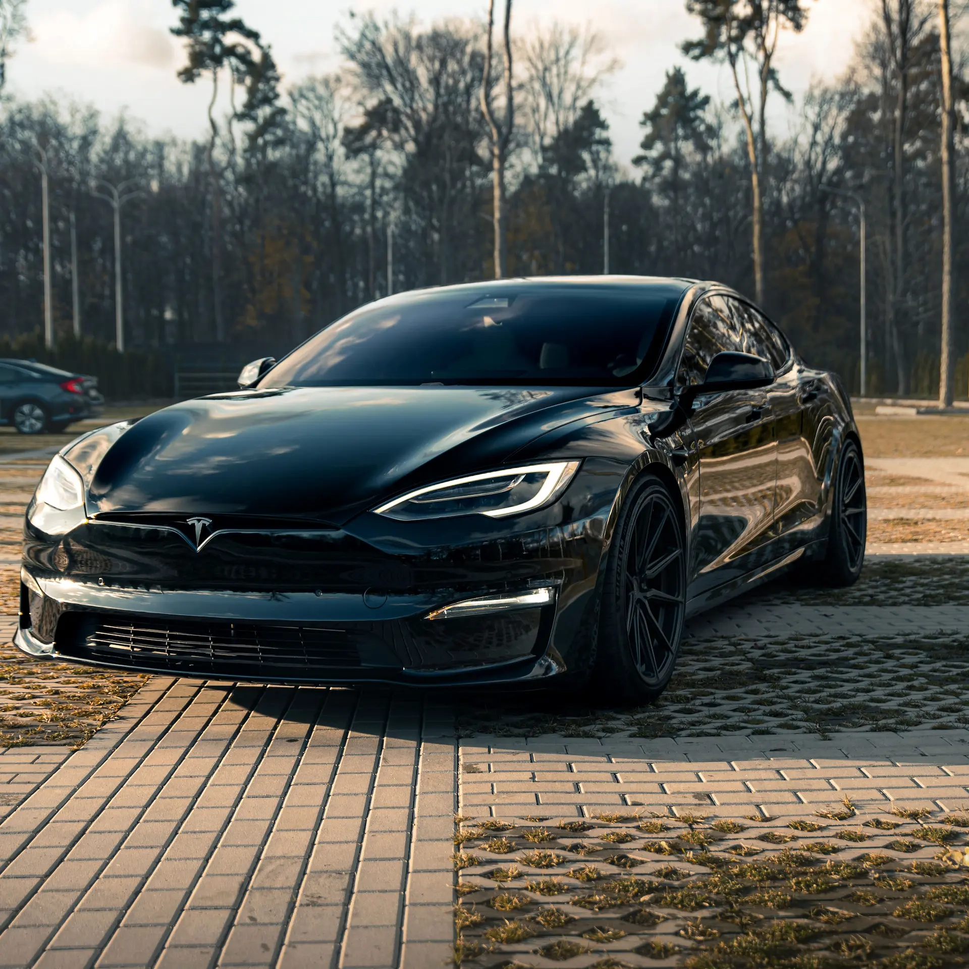 A black Tesla Model S parked on a paved path.