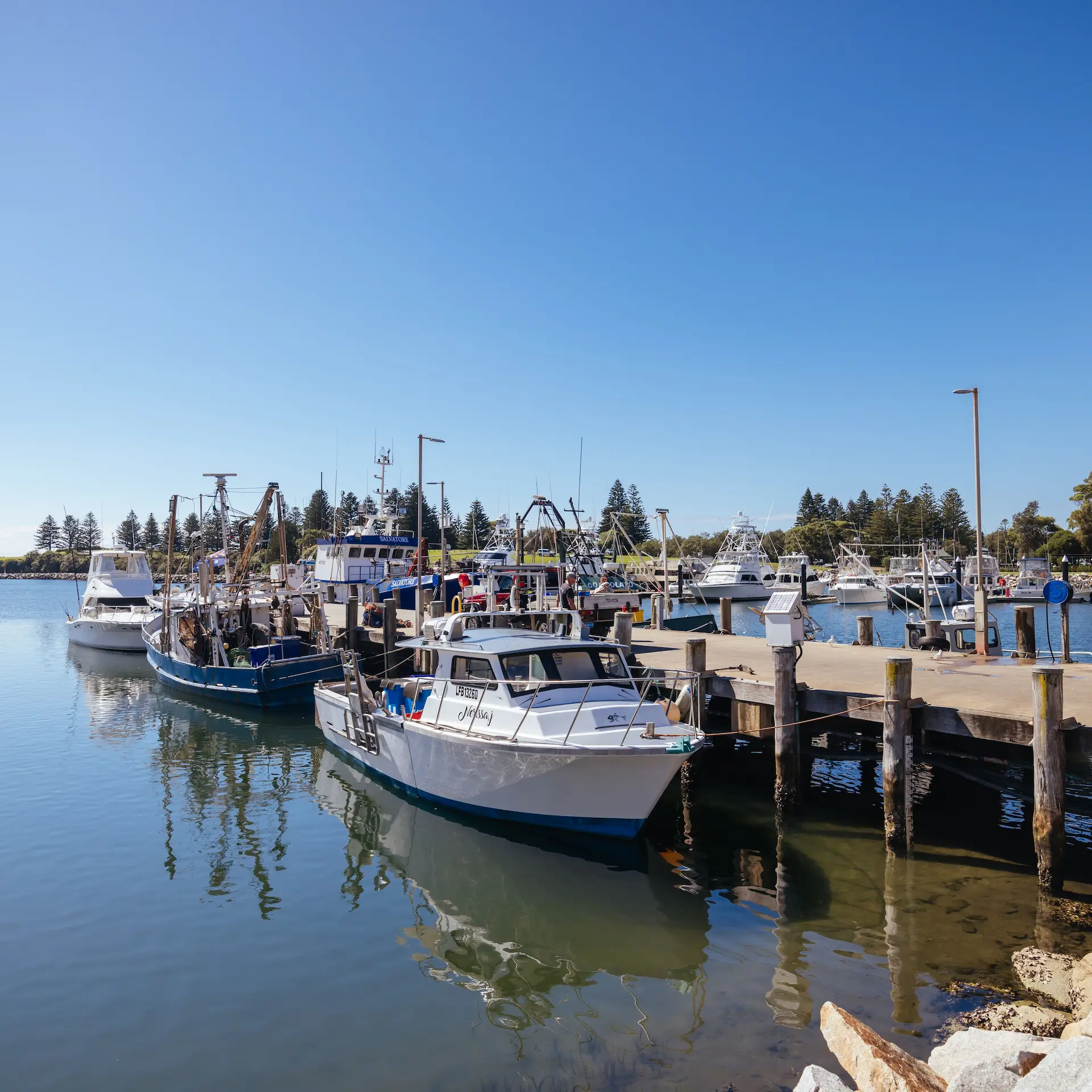 Several boats docked at a marina.