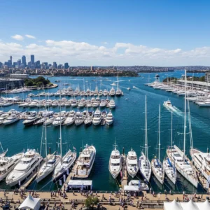 Aerial view of a busy Sydney Boat Show with numerous yachts and sailboats docked, and the city skyline in the background, hinting at opportunities for boat finance.